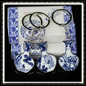 китайский styl: the вазы голубой и белой фарфора ключевой цепью, сплав цинка брелок