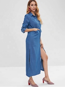 KY Lady Loose Fit Largo hasta el tobillo Manga larga Bolsillos Abertura lateral <span class=keywords><strong>Camisa</strong></span> con botones Vestido <span class=keywords><strong>de</strong></span> mezclilla <span class=keywords><strong>azul</strong></span> - Product Image 3