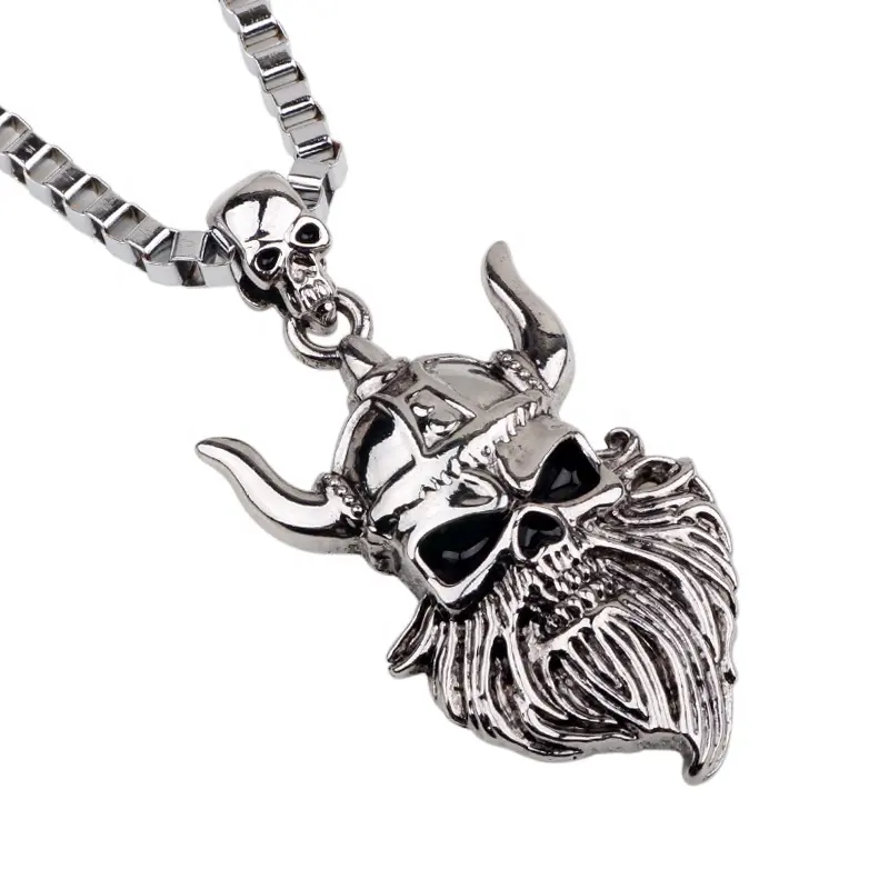 Men's Rock & Roll Metal Alloy Black Silver Plated Tribal Skull Head Pendant Necklace