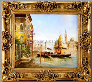 Quadro <span class=keywords><strong>su</strong></span> <span class=keywords><strong>tela</strong></span> con cornice in legno intagliato dorato, design di lusso, stampa a mano, con paesaggio urbano acquatico europeo italiano, dipinto a olio - Product Image 1