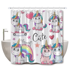 2023 più caldo all'ingrosso bagno Decor 100% poliestere tessuto stampa digitale <span class=keywords><strong>bambini</strong></span> <span class=keywords><strong>bambini</strong></span> simpatico cartone animato unicorno tenda da doccia - Product Image 1