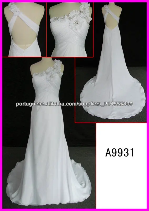 2014 Guangzhou estilo elegante designer reais um ombro chiffon vestido de noiva / vestidos de noiva coluna com frisado floral A9