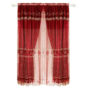 Luxury Nice Embroidery Two Layer Voile Curtain Living Room Curtain Material Fabric India 100% Polyester Flat Window Hotel Office