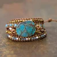 Pulseira de pedras naturais exclusivas, pulseira com pingente de jasper do oceano, artesanal, boho, bracelete de couro para mulheres