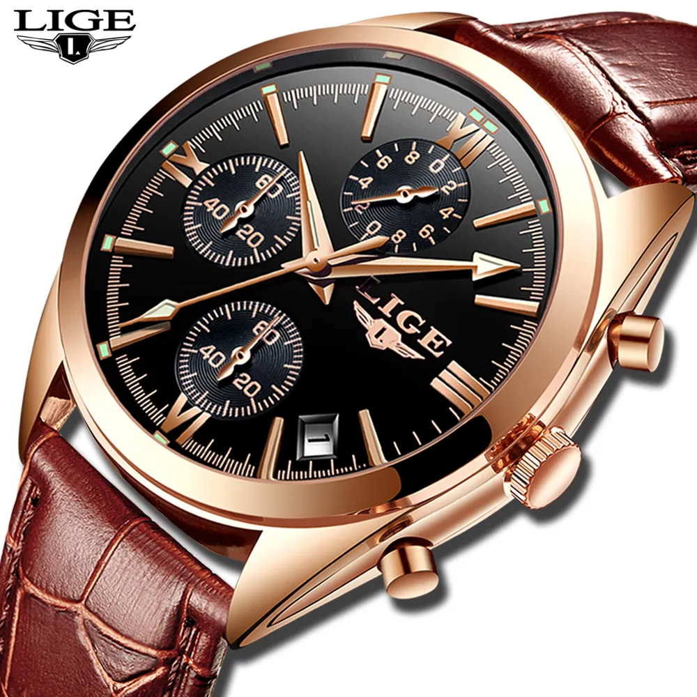 LIGEトップブランド高級時計男性本革カジュアルクォーツ時計メンズスポーツ腕時計時計メンズ
