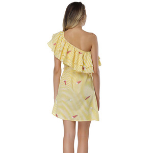 Nueva llegada impreso rayas verticales del hombro vendaje vestido de las mujeres del verano de las muchachas - Product Image 3