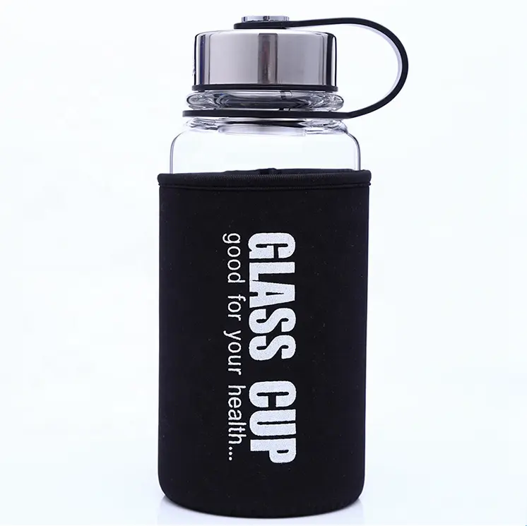 Big größe sport durable hohe borosilikat 1 liter glas wasser flasche mit nylon hülse