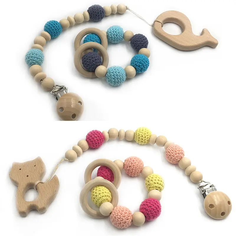 Beech Animals Teether Baby Pacifier chain Crochet Beads Chewable Infant Holder Wooden Bracelet Teether Chain