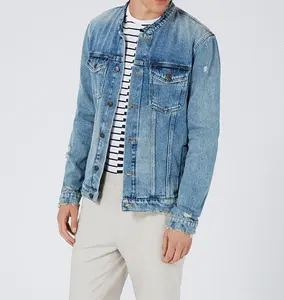 Royal Wolf Denim Jacket Nhà Sản Xuất Ánh Sáng Màu Xanh Không Cổ Tay Áo Dài Ripped Denim Thiết Kế Mới Nhất Áo Khoác Cho Nam Giới