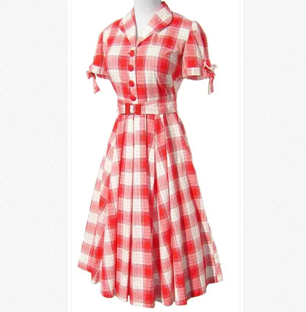 Fashion red and white checked pattern dresses women, new model long maxi button through summer dress