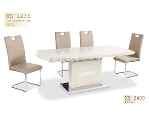 アリババホット販売モダンダイニングルームダイニングテーブル高光沢印刷MDFボードトップとステンレスベースエクステンションダイニングテーブル