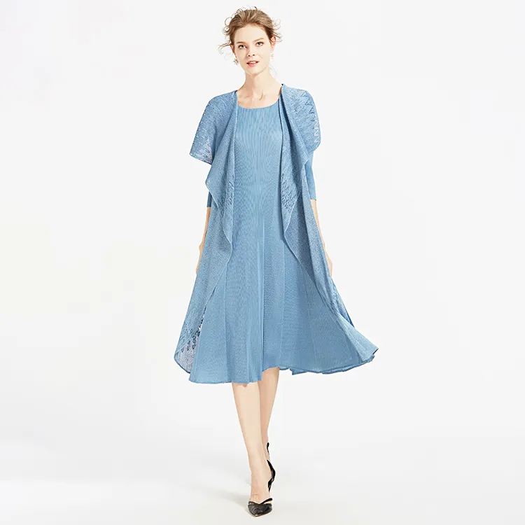 Woman popular Pure Light Blue Loose Pleated lady casual Dress