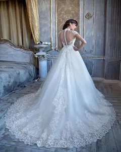 Vestido de novia elegante de cuello alto, manga de encaje, apliques, Vintage, botones, espalda transparente, Abito da sposa, 2022