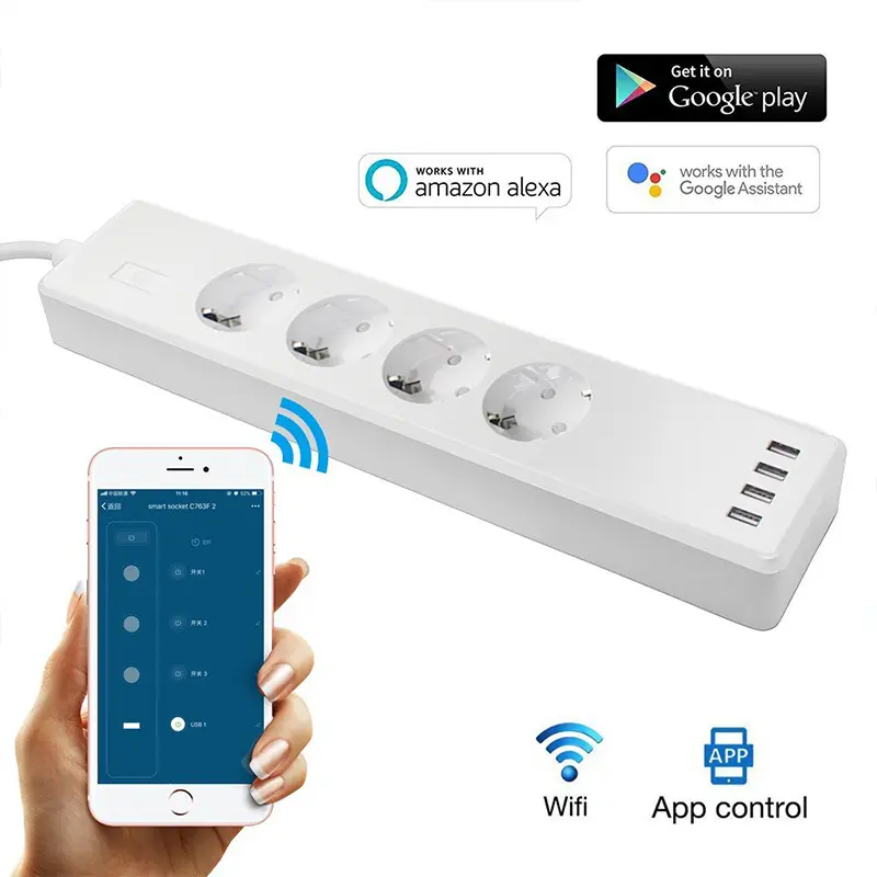 Wifi Thông Minh Power Strip 4 EU Cửa Hàng Cắm Với 4 USB Sạc Port Timing App Điều Khiển Bằng Giọng Nói Làm Việc Với Alexa Google Trợ Lý Nhà