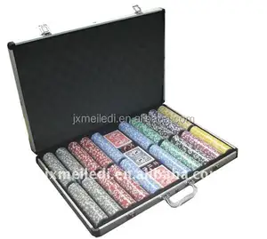 직업적인 1000pc 부지깽이 칩 세트 알루미늄 상자 상인 단추, 카드의 2 개의 갑판 및 5 개의 dices로 놓이는 주문 부지깽이