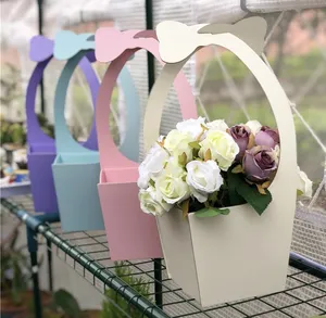 Custom trapezoidal shape foldable hanging florist bouquet portable paper basket fresh rose packaging flower box with handle