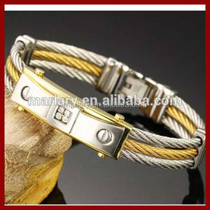 Mens Logo gravé en <span class=keywords><strong>or</strong></span> <span class=keywords><strong>18</strong></span> <span class=keywords><strong>carats</strong></span> plaqué en acier inoxydable câble de fil de brassard Bracelet - Product Image 4