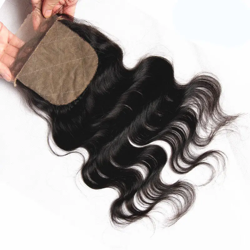 Base de seda fechamento de linha de cabelo natural, pré-selecionado, fechamento de renda, 4x4, corpo, ondulado, nó, fecho de seda