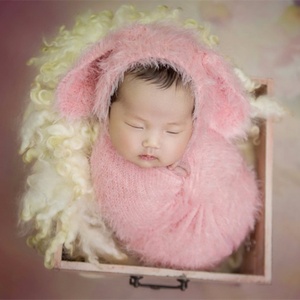 Chapeau de lapin pour bébé, tricoté, doux, enroulé, tricot extensible, accessoire <span class=keywords><strong>Photo</strong></span>
