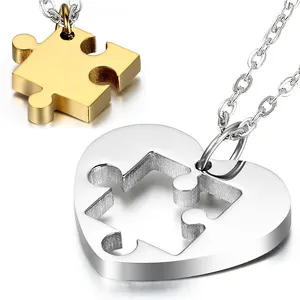 Couples necklace 2 pieces stainless steel love heart puzzle matching pendant