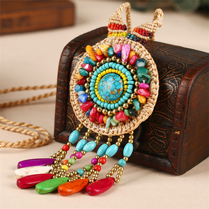 Kalung Rantai Tali Kepang Buatan Tangan, Kalung Gaya Bohemia Rumbai Pirus Perhiasan Populer - Product Image 4