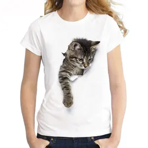 Best Seller 100% algodón 3D gato impresión Digital manga corta Camiseta cuello redondo blanco mujer camiseta impresa