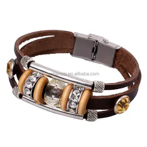 4 Color brazalete Punk de cuero genuino Pulseira de acero inoxidable de cristal claro de cuentas encanto pulsera y brazalete nuevo diseñador Bijoux para