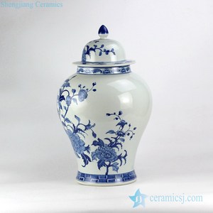 RYLU128 화려한 중국 스타일 파란색과 흰색 모란 패턴 손으로 그린 도자기 생강 항아리 - Product Image 2