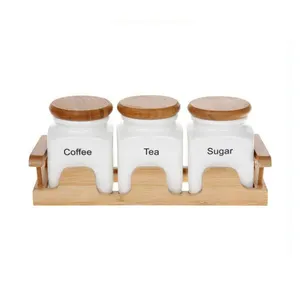 Unique Square White Ceramic Coffee Tea Sugar Canister Sets with Bamboo Lid and Tray