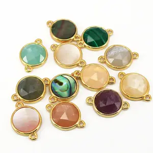JF8707 Dainty Gold Plated Faceted Natural Labradorite semi precious Stone Gemstone Round Bezel Two Ring Connector
