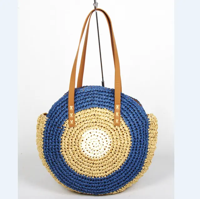 Tote Bag Fashion Wholesale Eco-friendly Round Woven Tote Paper Straw Handbags Beach Bag With PU Handle