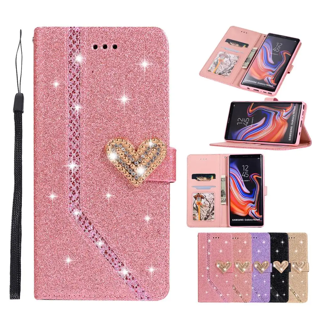 Luxury bling glitter flip leather wallet mobile phone case for samsung note 9