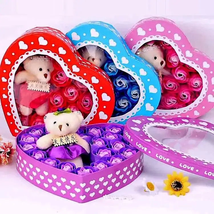 Factory customization mini rose bear with heart in gift box valentine rose bear