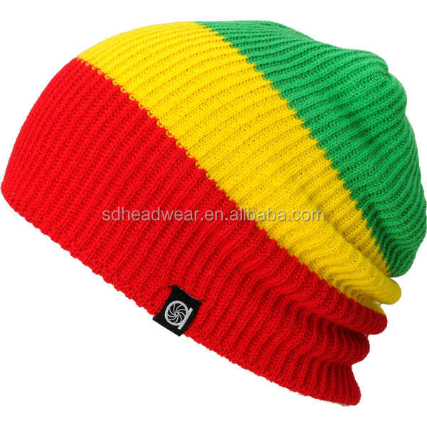 100% Acrylic Striped Custom Tag Classic Two-layer Slouchy Folded Rib Knit Rasta Beanie