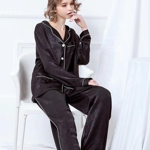 Wholesale Long Sleeve Pajamas Set <strong>Silk</strong> Sateen <strong>Black</strong> Piping PJ Set Custom Logo Accept Satin <strong>Pyjama</strong> Set - Product Image 1
