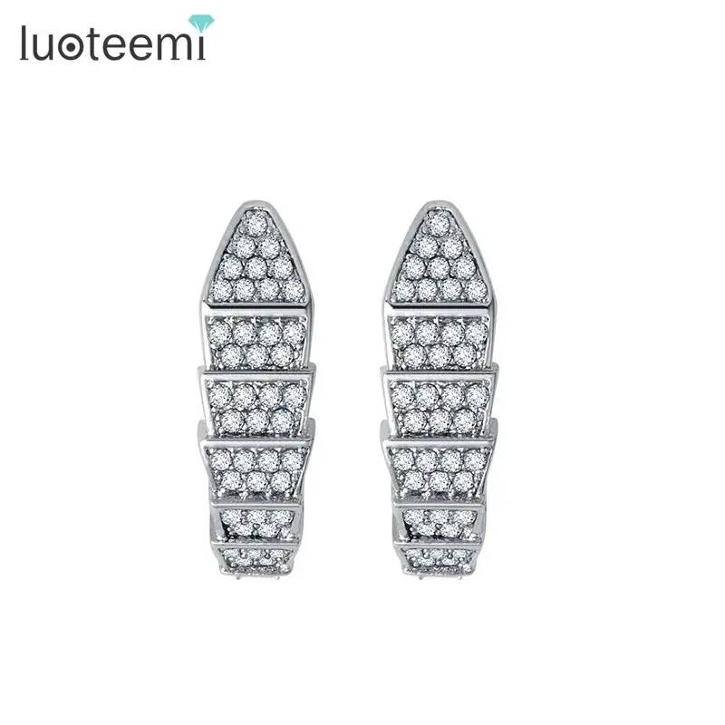 LUOTEEMI Grosir Fashion Terbaru Putih Cubic Zirconia Hip Hop Ular Desain Clip-on Earrings Untuk Wanita