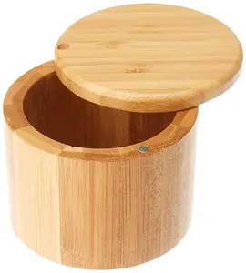 Condimenti in legno di dimensioni personalizzate all'ingrosso scatola per spezie in zucchero scatola rotonda per sale e pepe in bambù da 8.5 once con coperchi girevoli