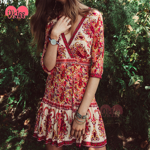 Encantador Floral Print Media <span class=keywords><strong>Manga</strong></span> Cuello En V Profundo Vestido de Verano Informal - Product Image 4