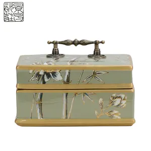 Recipiente de joias quadrado tradicional chinês preço baixo, padrão de flor de porcelana verde decorativo caixa de cerâmica