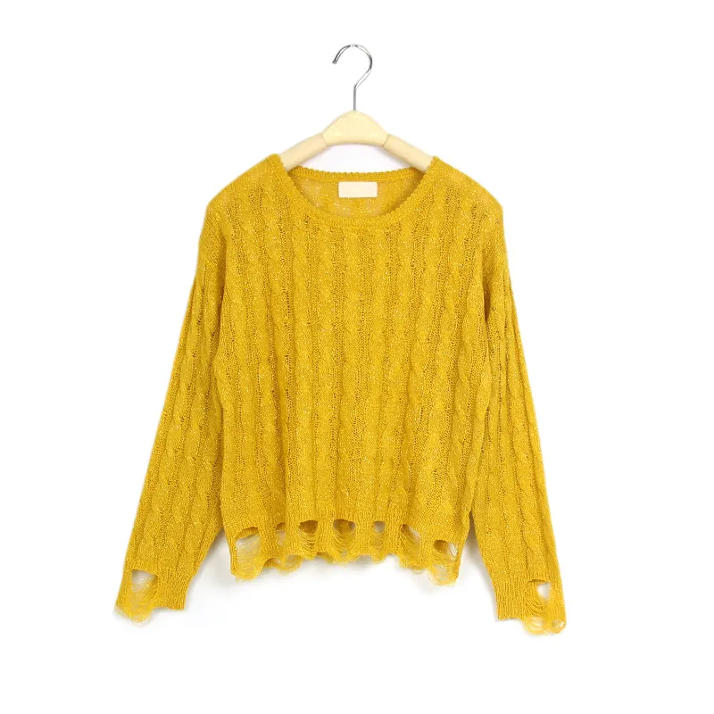 New arrivals spring round neck hollow out loose crochet long sleeve jumper knit ladies pullover sweater