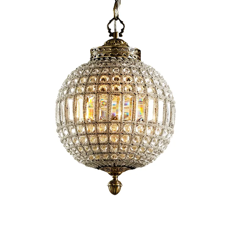 Art Antique European Type Furniture Bronze Metal Crystal Beads Sphere Shade Lighting Pendant Lamp for Hotel Decor Projects