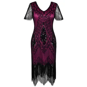 Wholesale short sleeves high quality sequined gatsby women fashion beaded evening dress