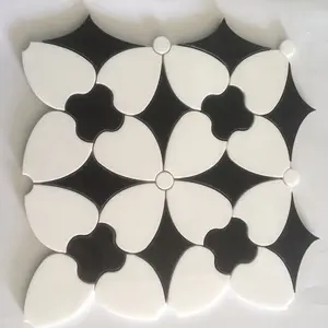 花卉大理石设计，marmol negro marquina 和 thassos 白色大理石马赛克
