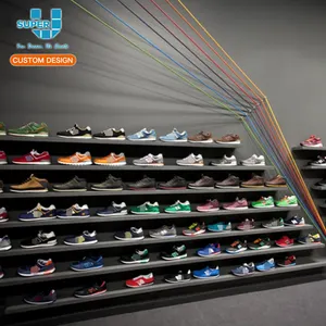 वाणिज्यिक श्रृंखला की दुकान हवा का झोंका दीवार जूता प्रदर्शन की दुकान जुड़नार Slatwall जूता प्रदर्शन सुपर यू फैशन जूता दुकानों