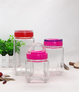 S/3 Square Glass Storage Jar With Color Plastic Handle Lid