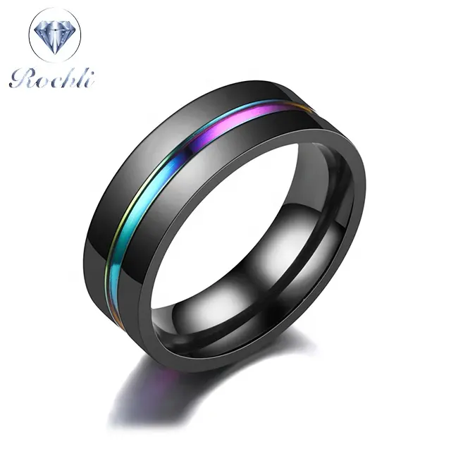 Wholesale 8mm Rainbow Line Mens Wedding Rings Black stainless steel smart Ring Jewelry