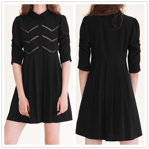 Ropa mujer 2017 otoño 3/4 reunidos manga camisa plisada vestido con incrustaciones calado recorte en la parte delantera - Product Image 1