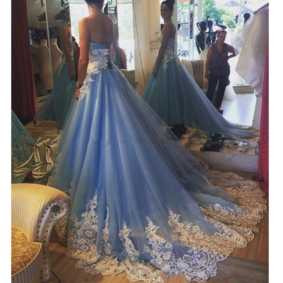 Plus Size Vintage Blue Ball Gown Wedding Dress with White Appliques, Lace-Up  Sweetheart Neckline, Floor-Length Bridal Gown