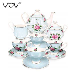 ตุรกีทองกาแฟชาดอกไม้ชุดถ้วยสีฟ้า17Pcs Custom Luxury เซรามิคดอกไม้เป็นมิตรกับสิ่งแวดล้อม CE / EU LFGB <span class=keywords><strong>CIQ</strong></span> - Product Image 1