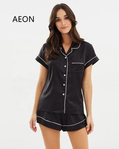 Luxury Blank <strong>Silky</strong> Satin Short Pyjamas Set for Women 2pcs <strong>Top</strong> and Shorts Pajama Set With Contrast Piping - Product Image 1